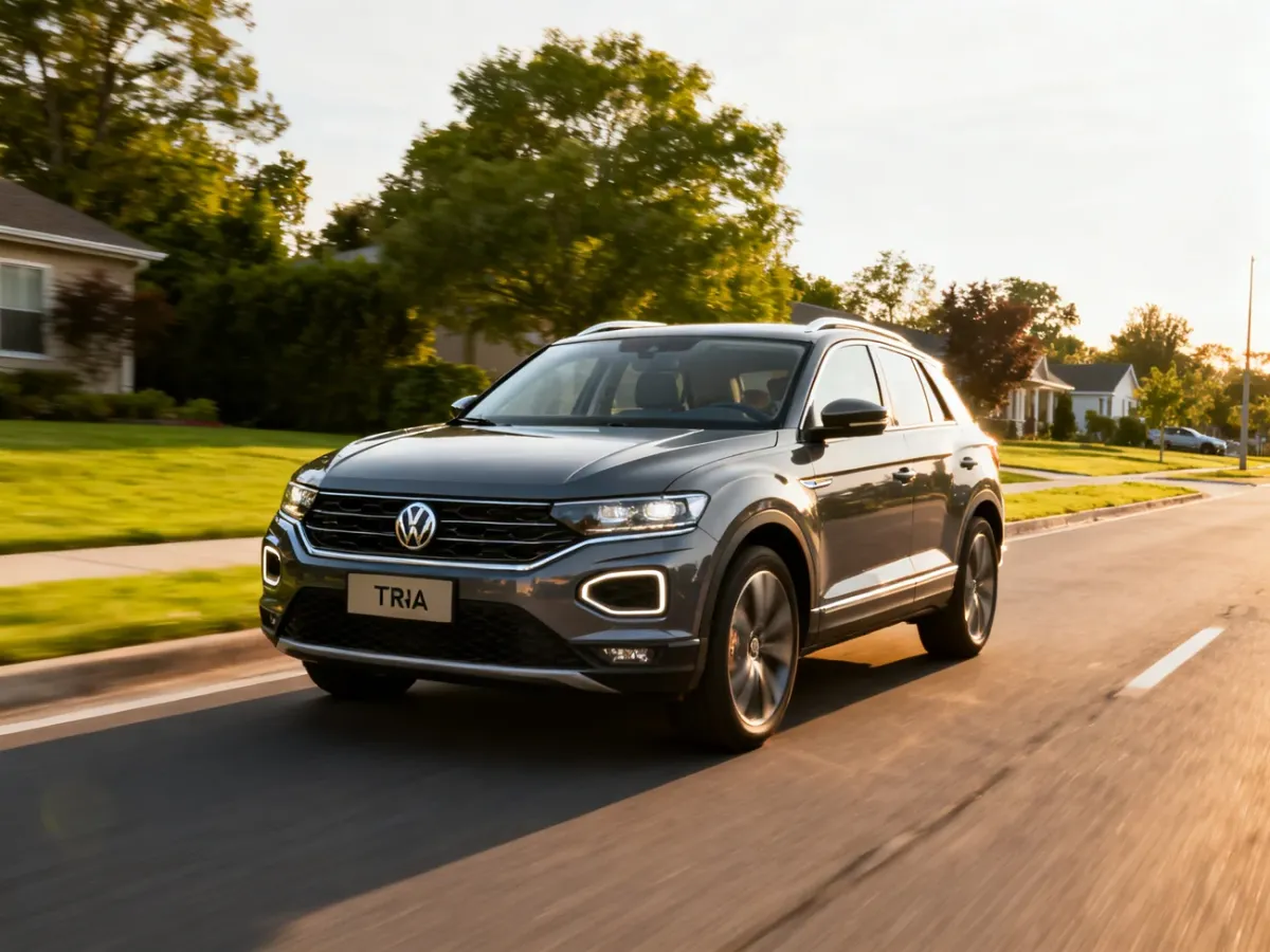 Volkswagen T-Roc podczas jazdy po podmiejskiej drodze