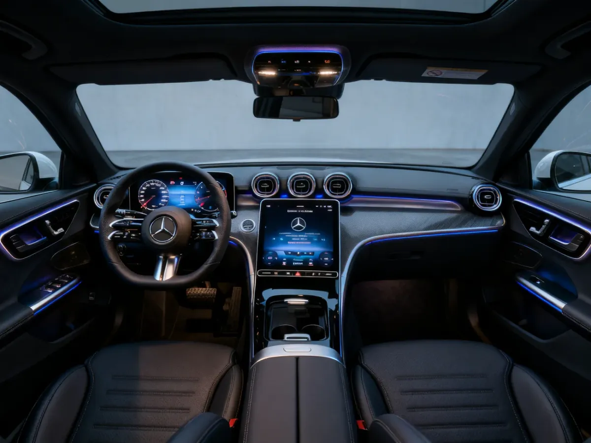 Nowoczesne wnętrze Mercedesa W206 z pionowym ekranem MBUX