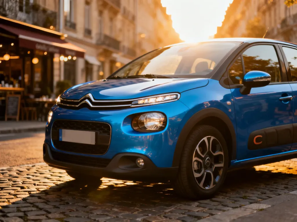 Nowoczesny, niebieski Citroen C3 zaparkowany na brukowanej ulicy w świetle zachodzącego słońca.