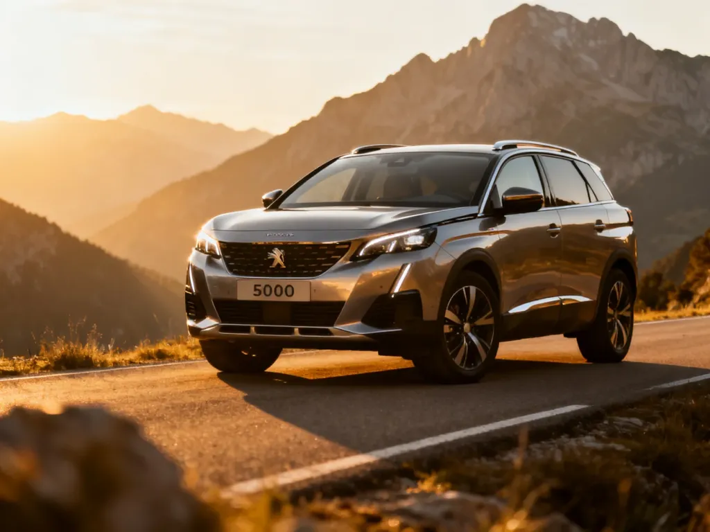 Nowoczesny Peugeot 5008 zaparkowany na górskiej drodze w świetle zachodzącego słońca, podkreślającym jego dynamiczną sylwetkę.