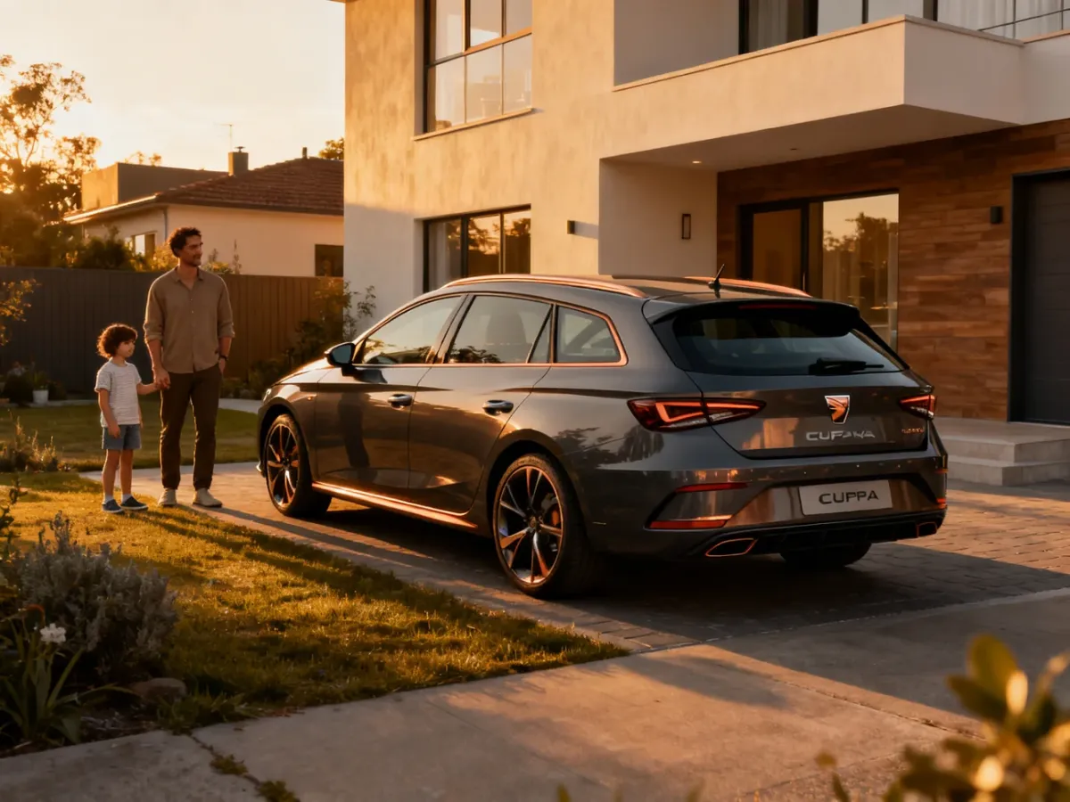 Cupra Leon ST przed domem jako sportowe auto rodzinne