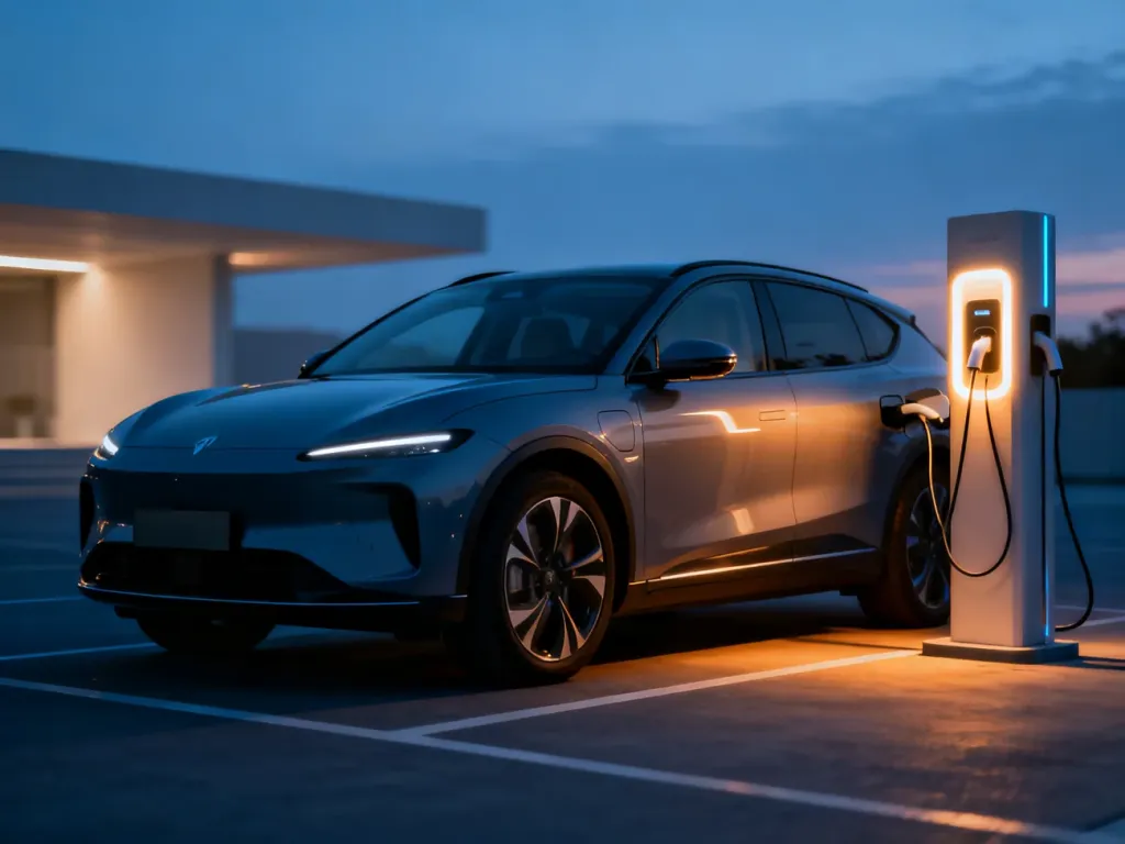 Elektryczne Volvo XC40 Recharge ładowane na nowoczesnej stacji o zmierzchu. Pojazd w chłodnej tonacji z akcentami światła.
