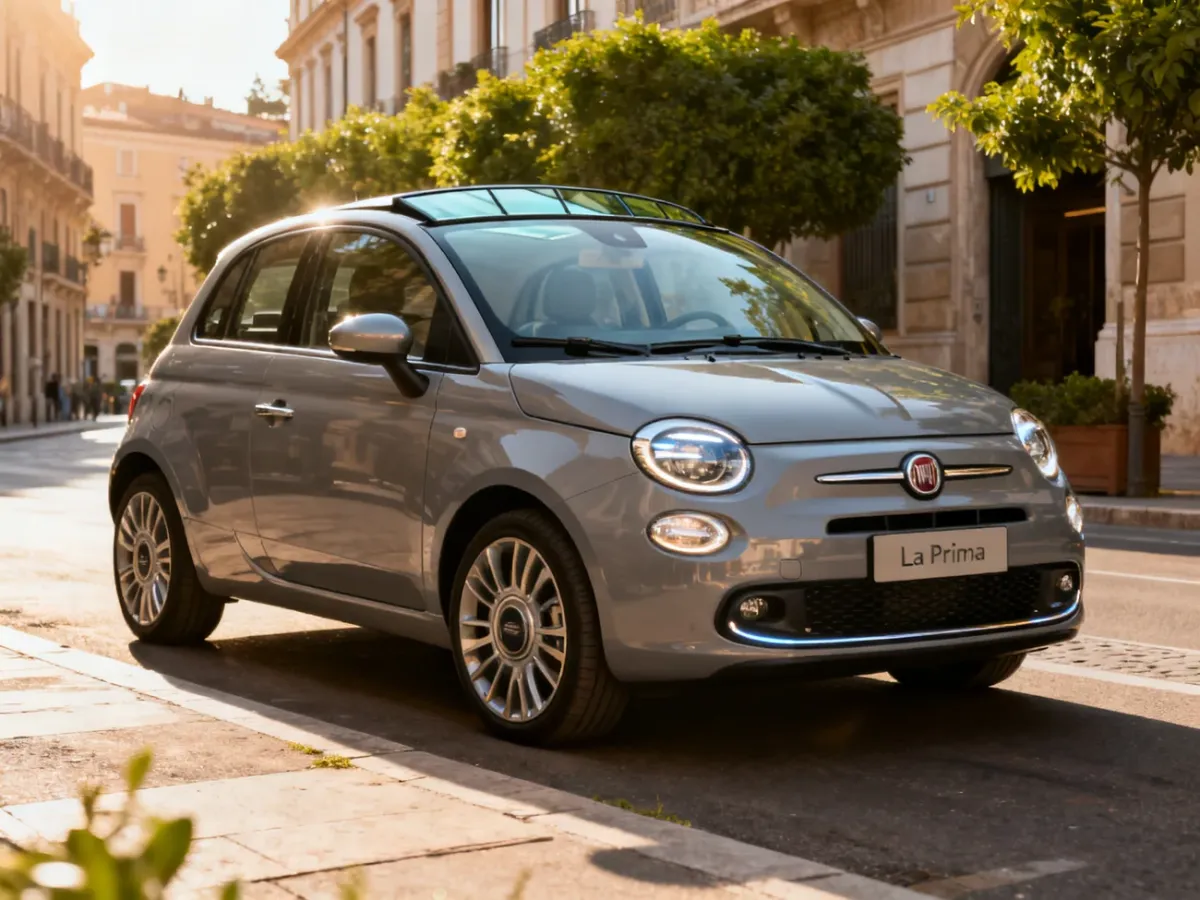 Fiat 500e La Prima z panoramicznym dachem na miejskiej ulicy
