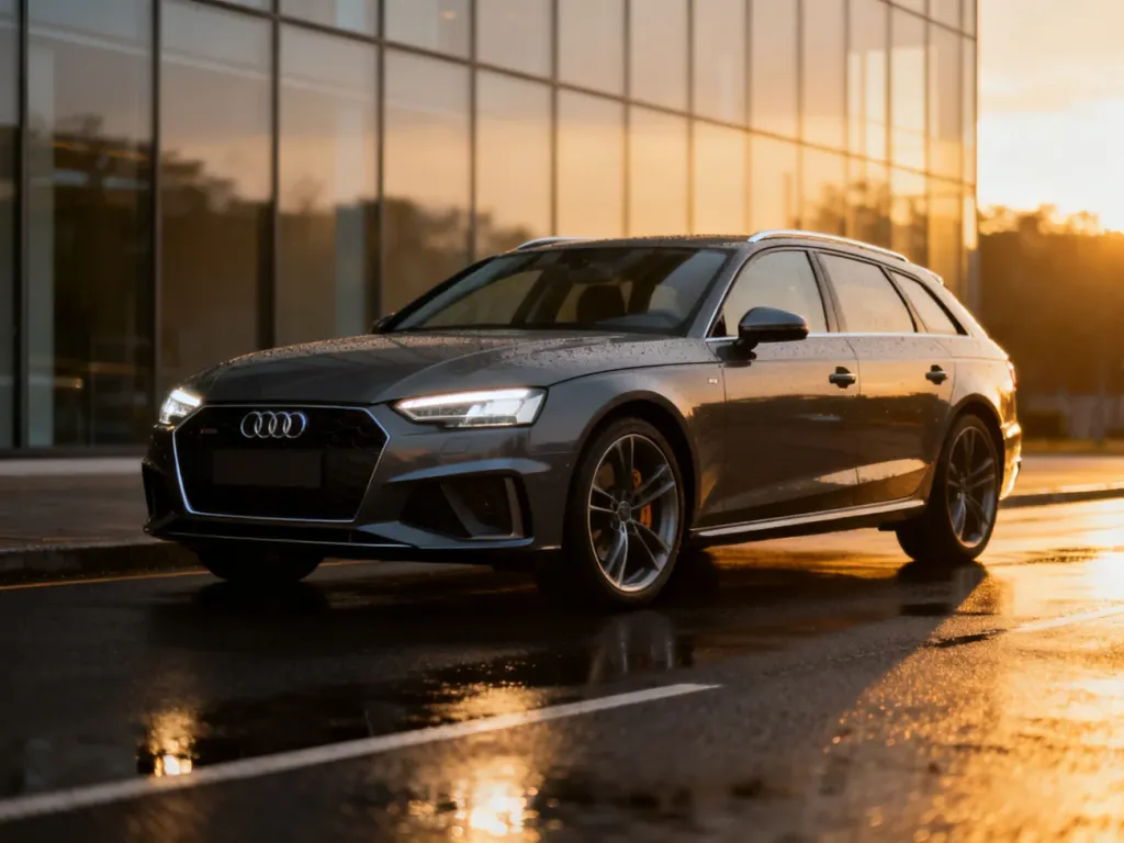 Nowoczesne Audi A4 B9 Avant zaparkowane na mokrym asfalcie w świetle zachodzącego słońca, podkreślającym linię nadwozia.