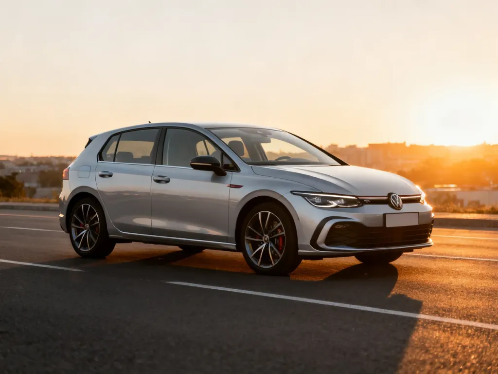 Srebrny Hyundai i30 zaparkowany na asfalcie w świetle zachodzącego słońca, podkreślającym aerodynamiczną sylwetkę auta.