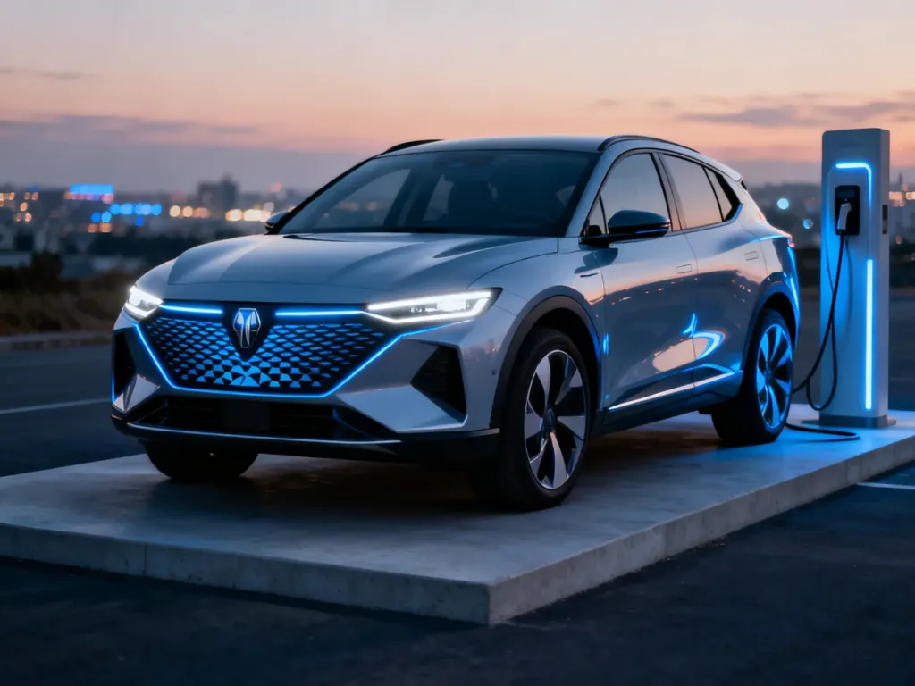 Nowoczesny elektryczny Opel Mokka zaparkowany przy stacji ładowania na tle miejskiego krajobrazu o zmierzchu.