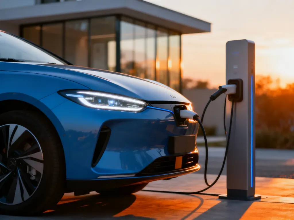 Tesla Model Y ładowana w nowoczesnej stacji domowej podczas zachodu słońca, podkreślająca aerodynamiczny design pojazdu.