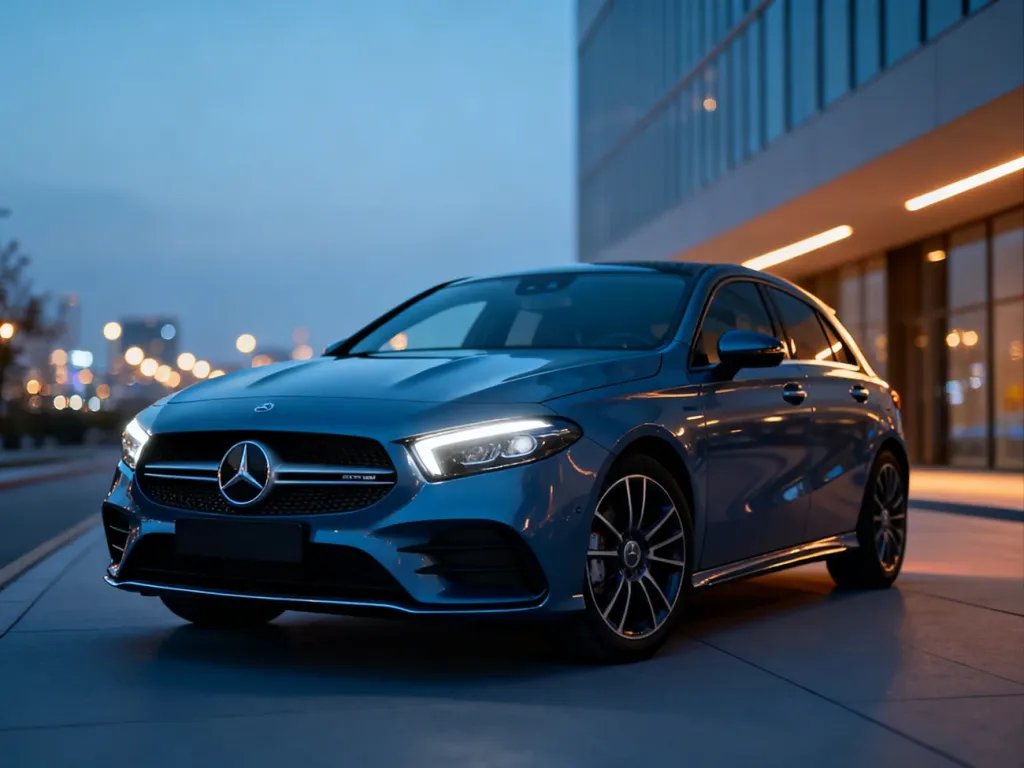 Nowoczesny Mercedes klasy A W177 zaparkowany na tle miejskiej architektury o zmierzchu.