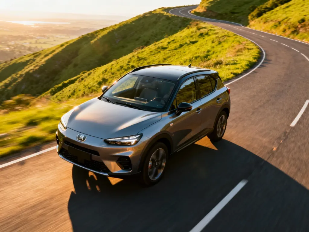 Nowoczesny crossover Renault Captur jadący malowniczą, krętą drogą wśród zielonych wzgórz w promieniach popołudniowego słońca.