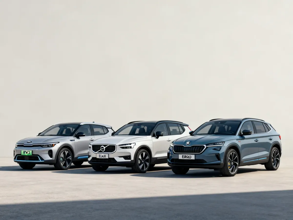 Kia EV3, Volvo EX30 i Skoda Elroq ustawione obok siebie