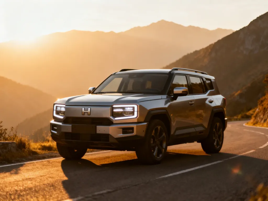 Nowoczesny Hyundai Santa Fe o kanciastej sylwetce zaparkowany na górskiej drodze w świetle zachodzącego słońca.