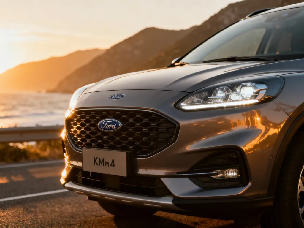 Nowoczesny Ford Kuga mk3 zaparkowany na malowniczej nadmorskiej drodze podczas zachodu słońca.