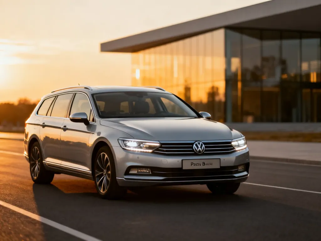 Srebrny Volkswagen Passat B9 Variant zaparkowany na nowoczesnej drodze w blasku zachodzącego słońca.