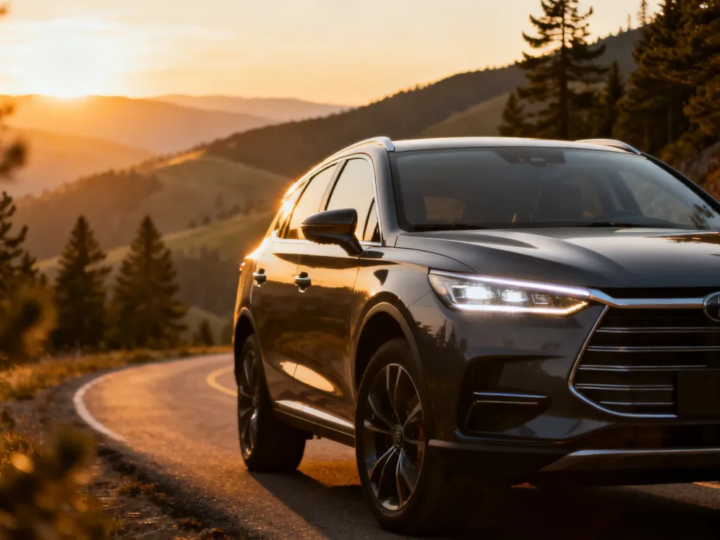 Nowoczesny Peugeot 3008 zaparkowany na malowniczej górskiej drodze podczas zachodu słońca.