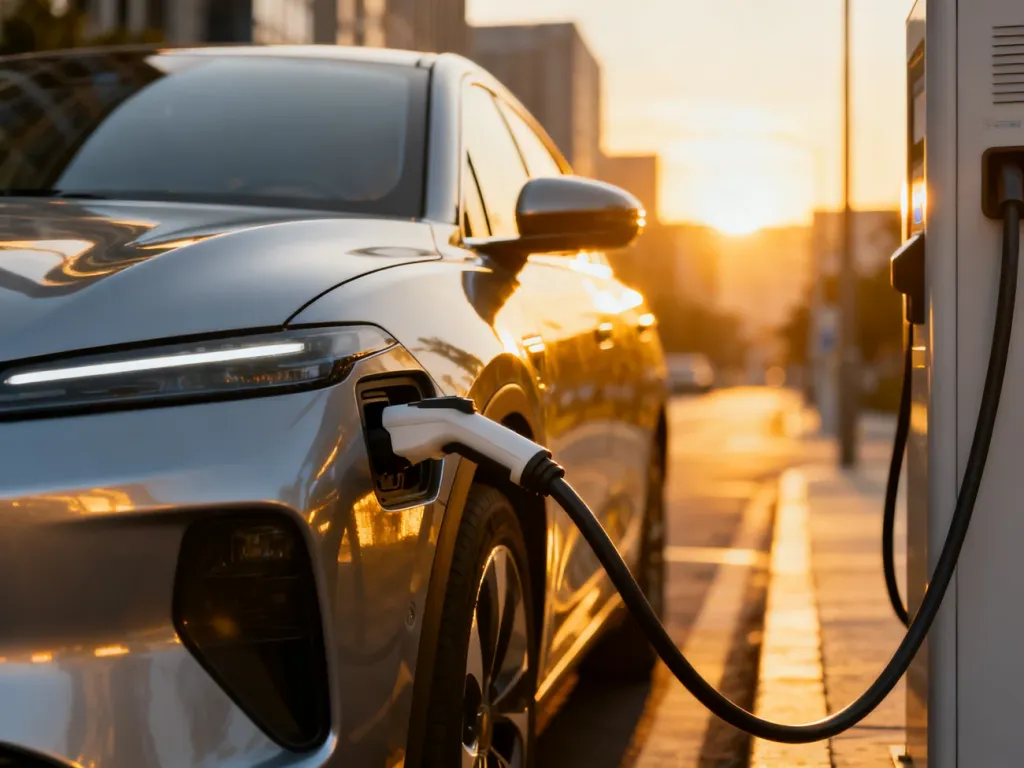 Nowoczesny samochód elektryczny MG4 podłączony do stacji ładowania podczas zachodu słońca.