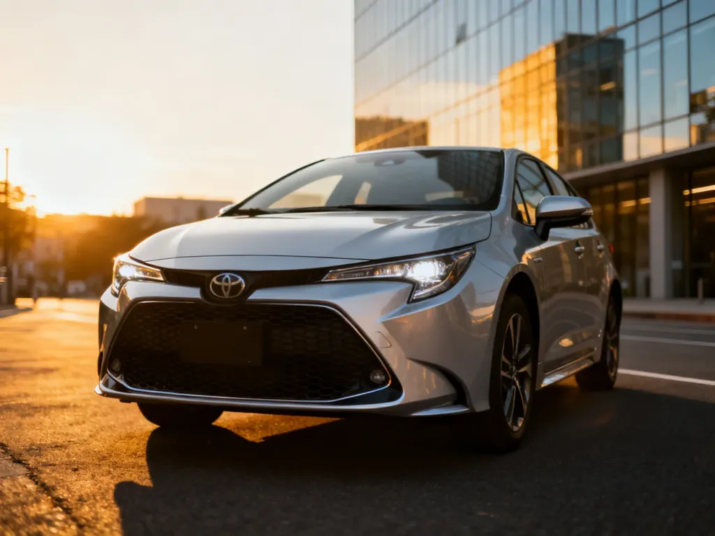 Nowoczesna hybrydowa Toyota Corolla zaparkowana na miejskiej ulicy w świetle zachodzącego słońca.