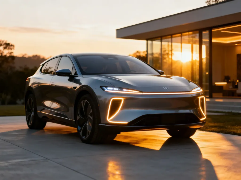 Nowoczesny elektryczny SUV Kia EV3 zaparkowany na minimalistycznym podjeździe w świetle zachodzącego słońca.