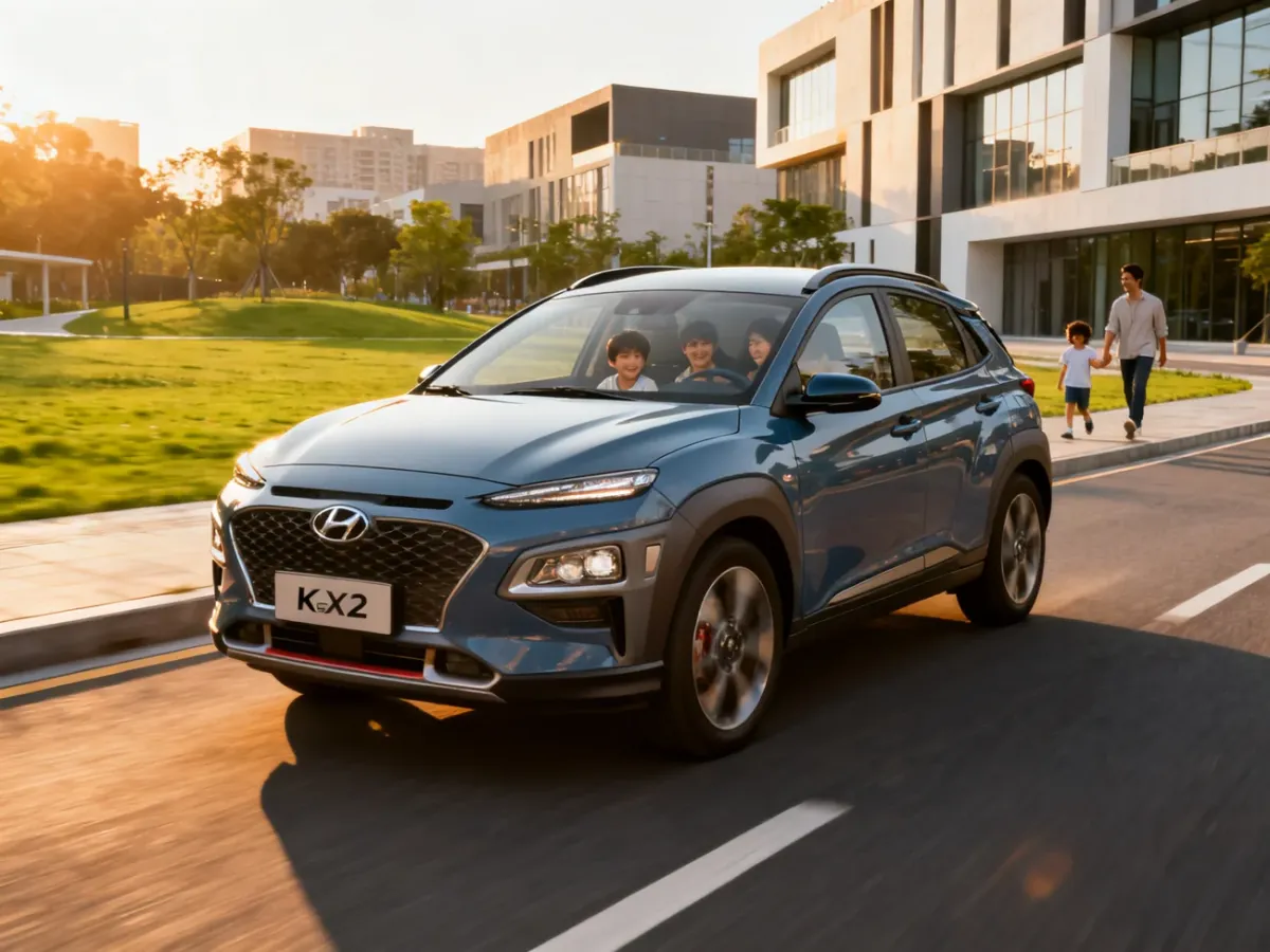 Hyundai Kona SX2 podczas jazdy w nowoczesnym mieście