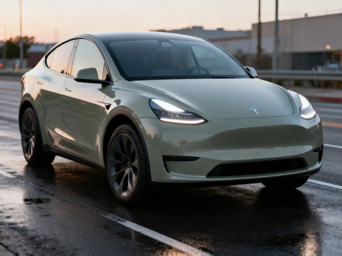 Tesla Model Y Juniper z charakterystycznym przednim pasem świetlnym i aerodynamicznym nadwoziem