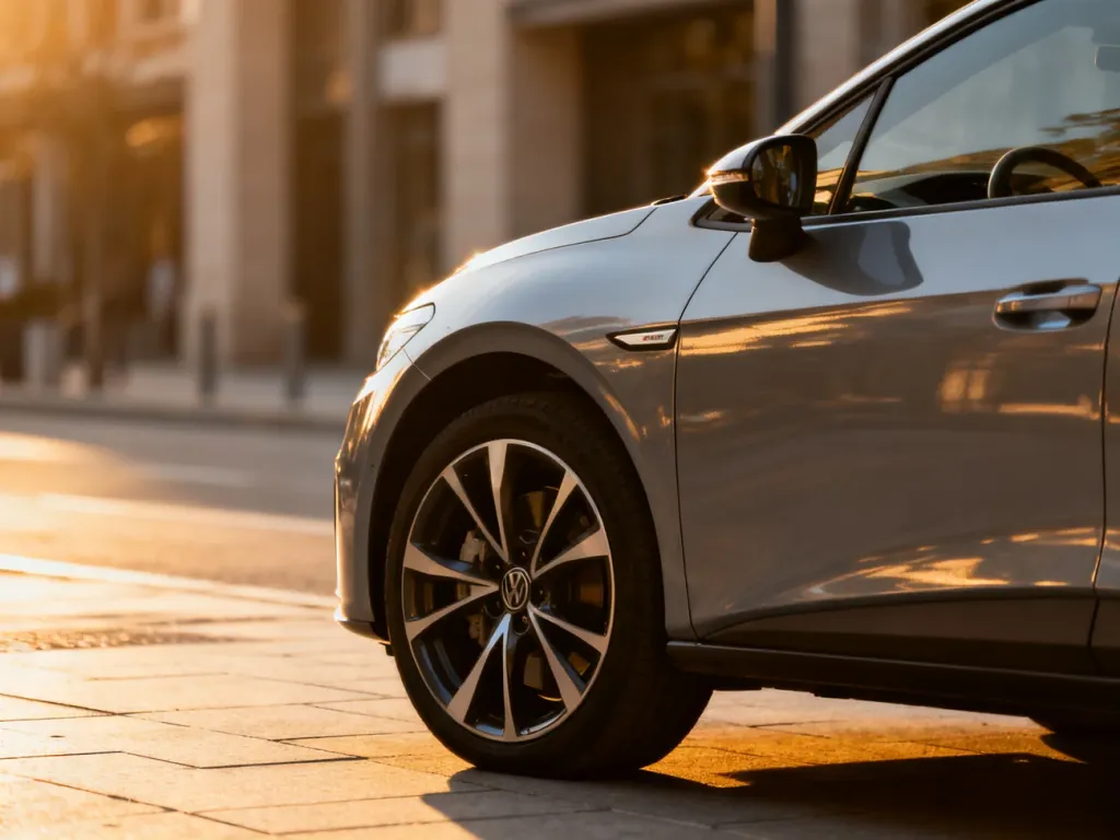 Nowoczesny Hyundai i20 zaparkowany na miejskiej ulicy w świetle zachodzącego słońca, podkreślającym jego dynamiczną sylwetkę.
