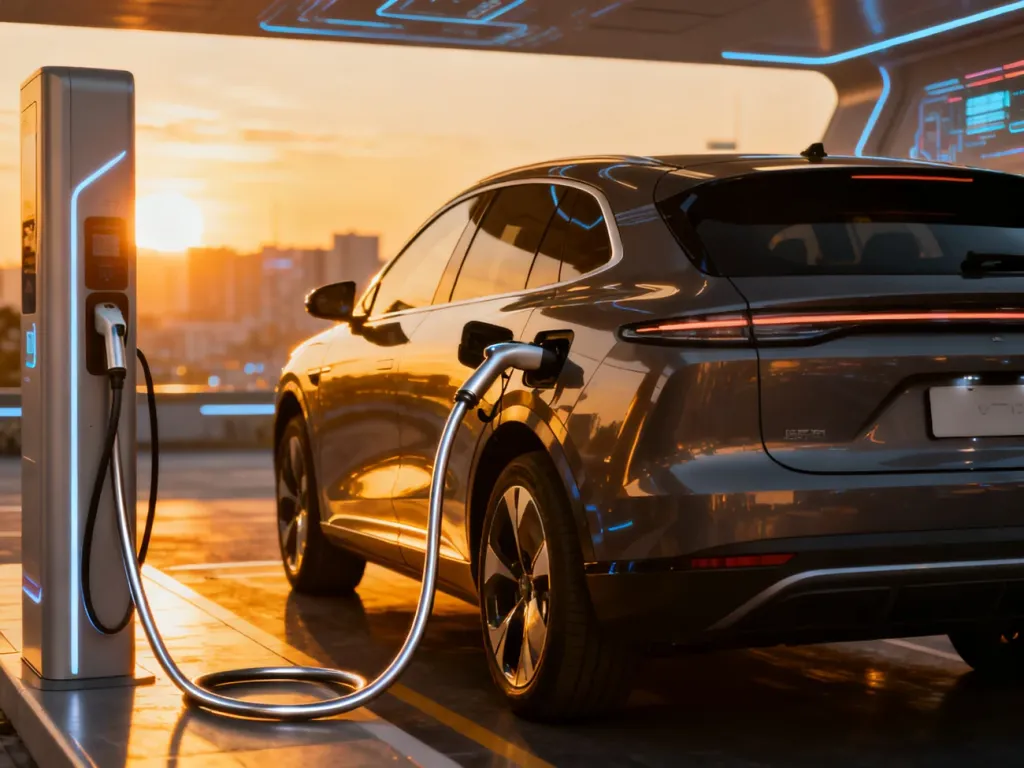 Nowoczesny elektryczny SUV Volkswagen ID.4 ładujący się na stacji w świetle zachodzącego słońca.