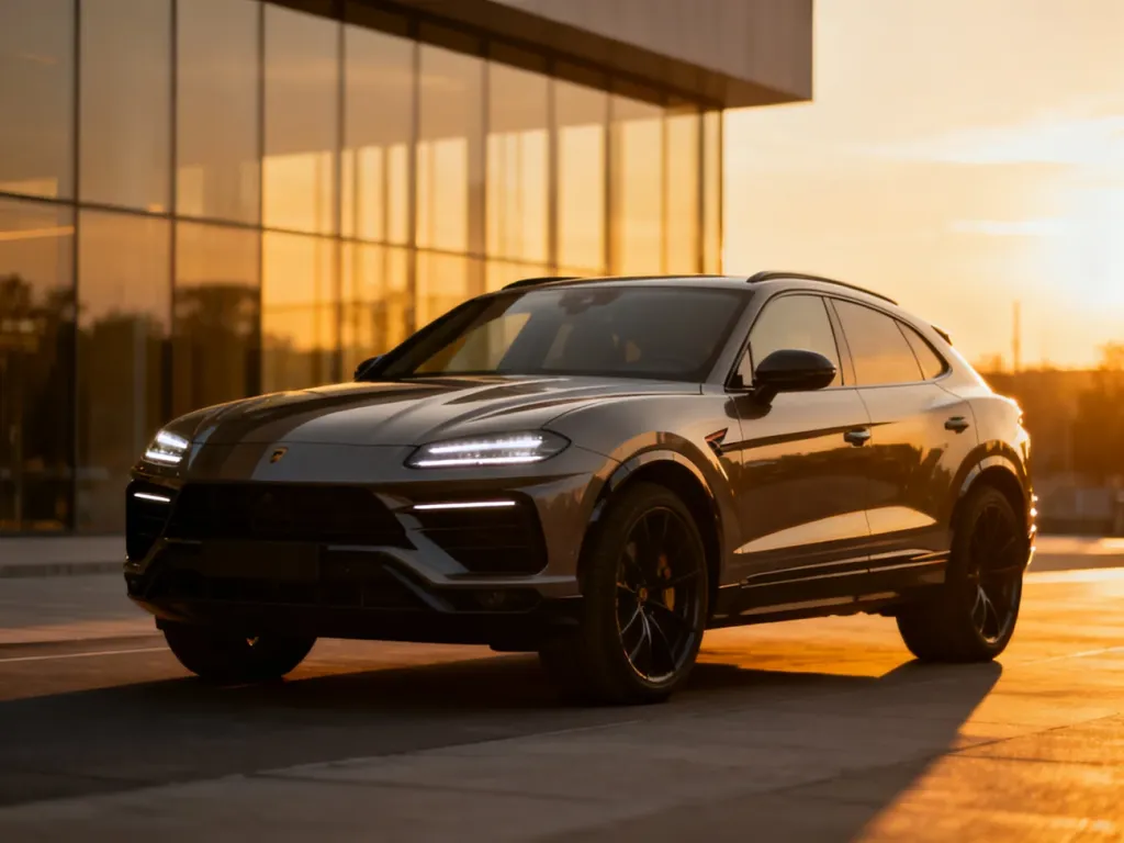 Nowoczesny SUV Audi Q3 zaparkowany na tle przeszklonej architektury w świetle zachodzącego słońca.