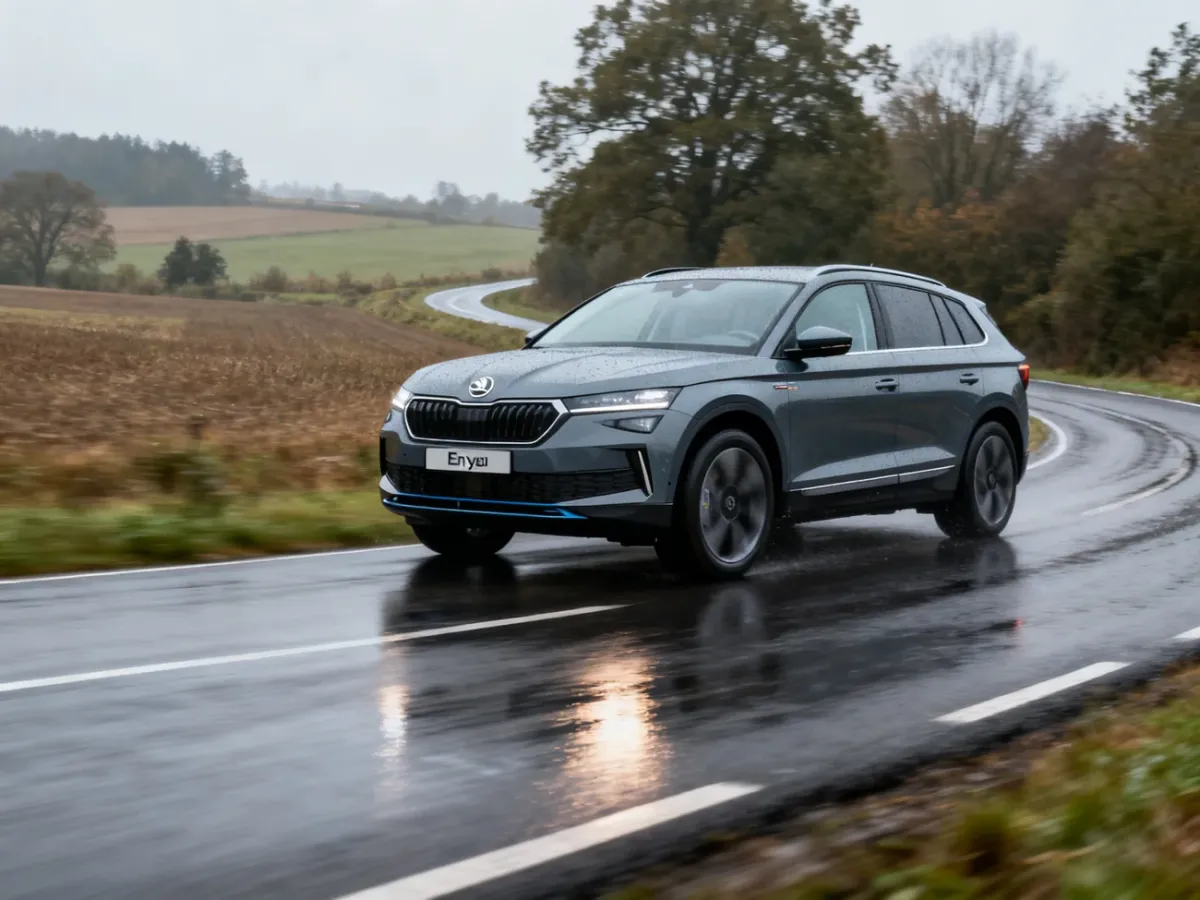 Elektryczny Skoda Enyaq na mokrej krętej drodze