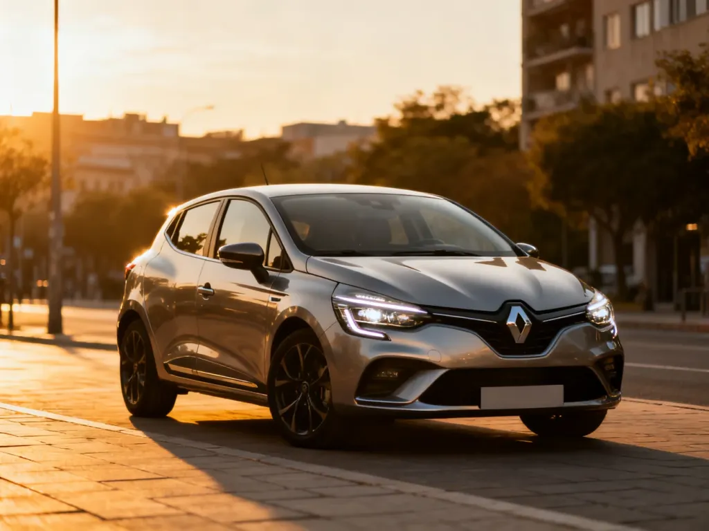 Nowoczesny Renault Clio 5 zaparkowany na miejskiej ulicy w świetle zachodzącego słońca, podkreślającym dynamiczną sylwetkę auta.
