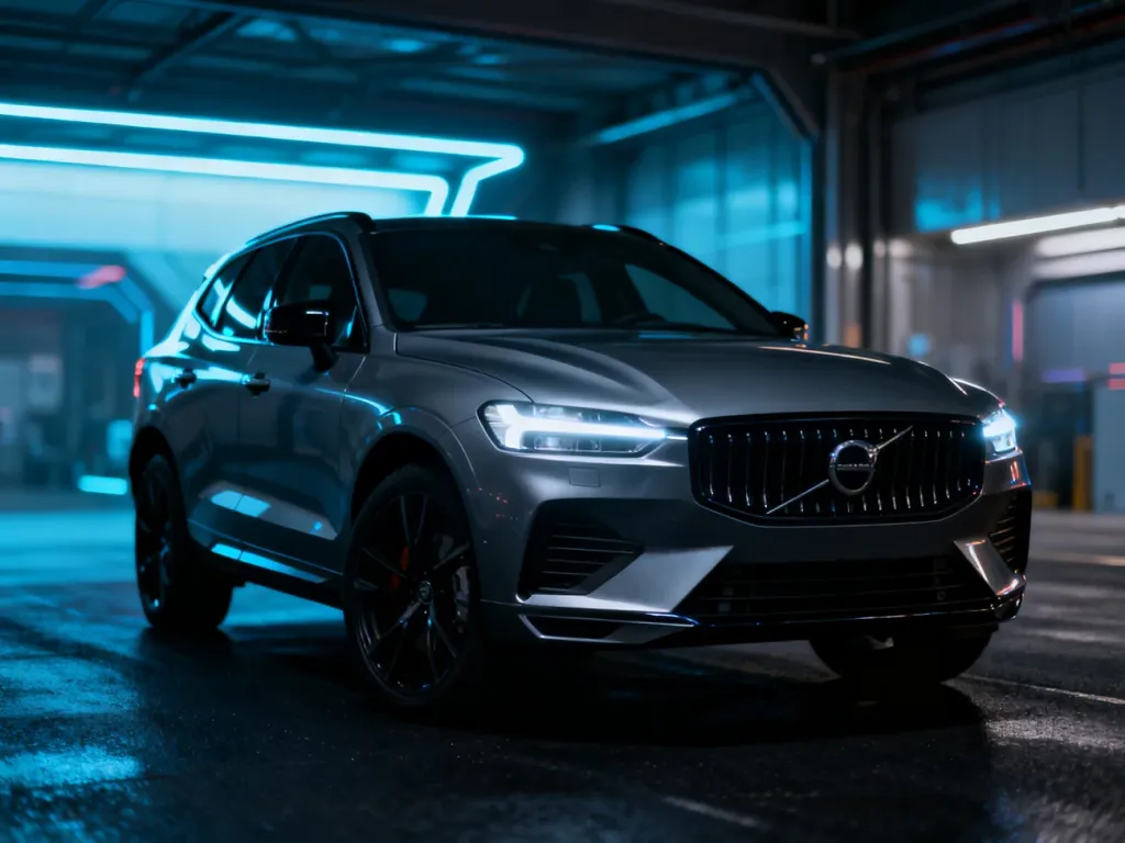 Szary, sportowy SUV Cupra Formentor w nowoczesnym garażu z neonowym oświetleniem. Dynamiczna sylwetka auta w ujęciu z dołu.