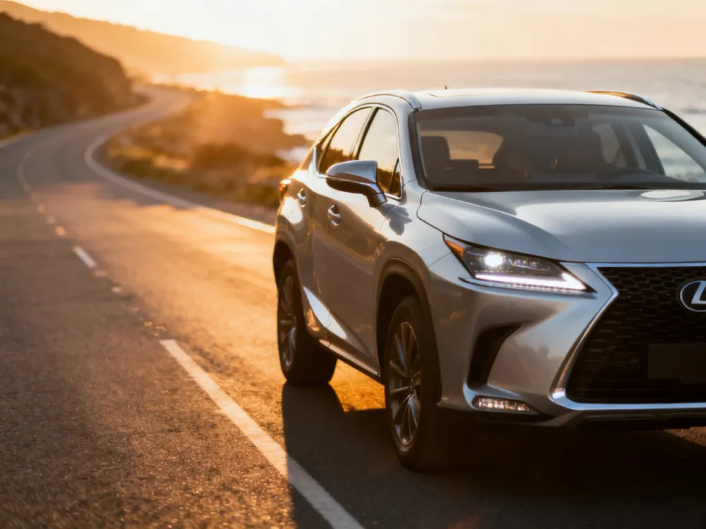 Srebrny Nissan Qashqai J12 zaparkowany na nadmorskiej drodze w świetle zachodzącego słońca.