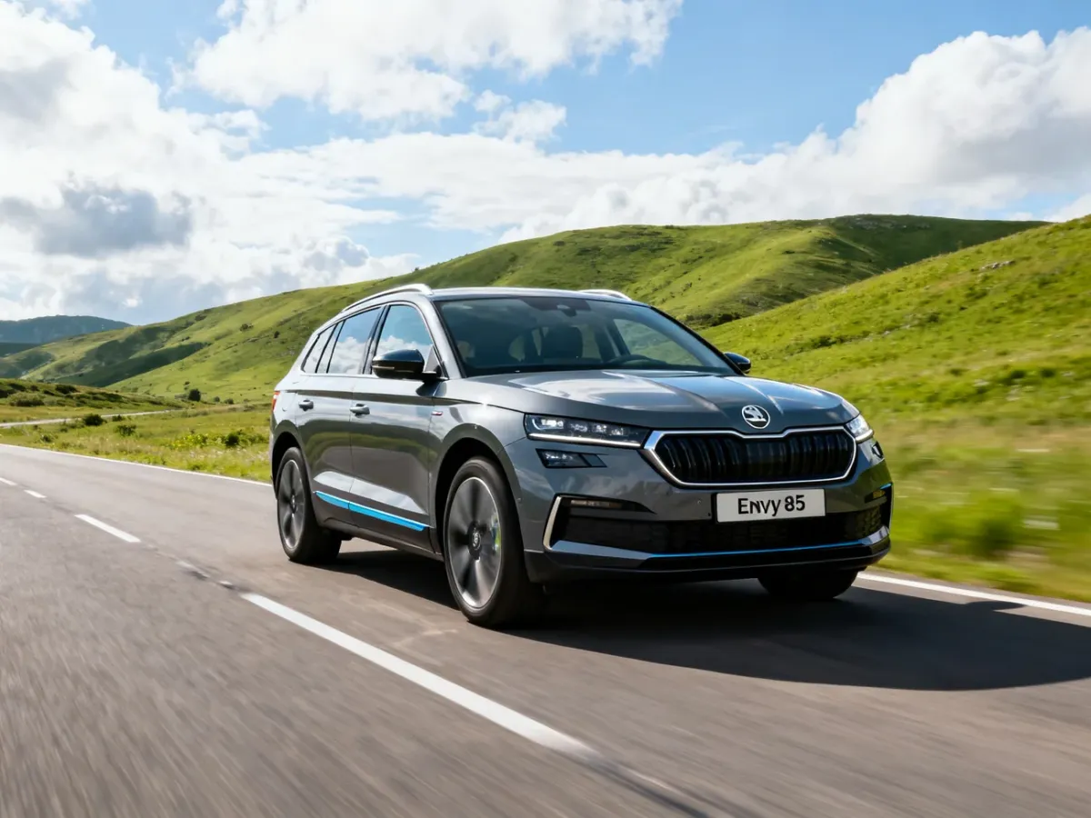 Skoda Enyaq 85 podczas jazdy po malowniczej drodze