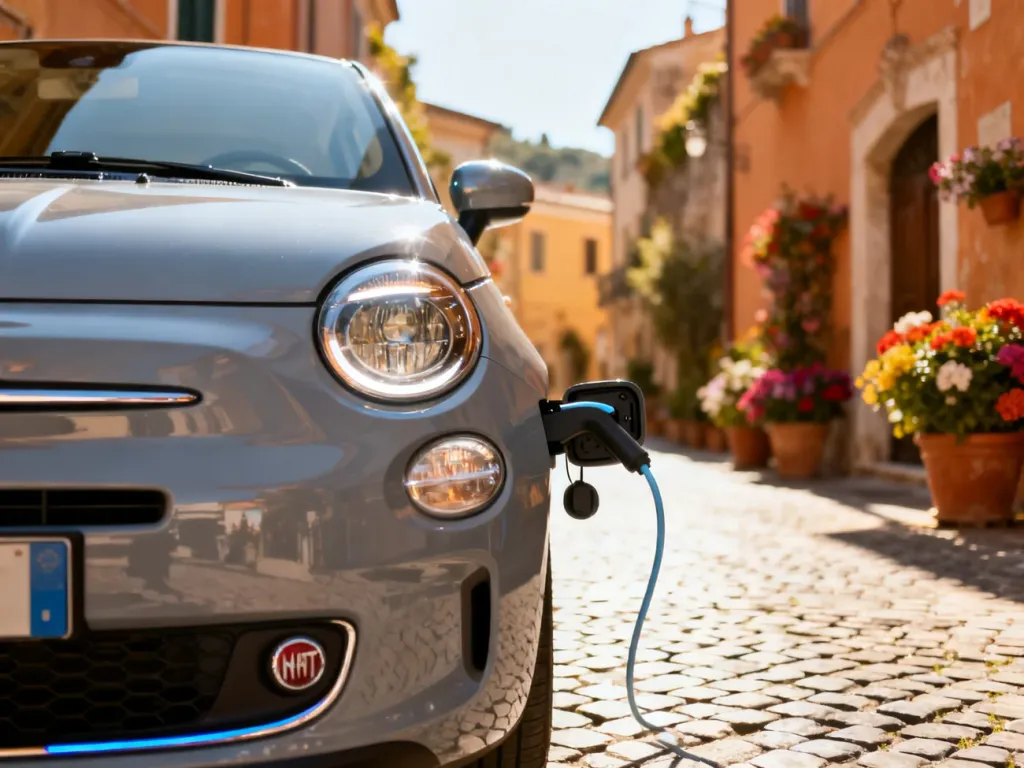 Elektryczny Fiat 500e La Prima zaparkowany na słonecznej, włoskiej uliczce. Zbliżenie na nowoczesne reflektory i port ładowania.
