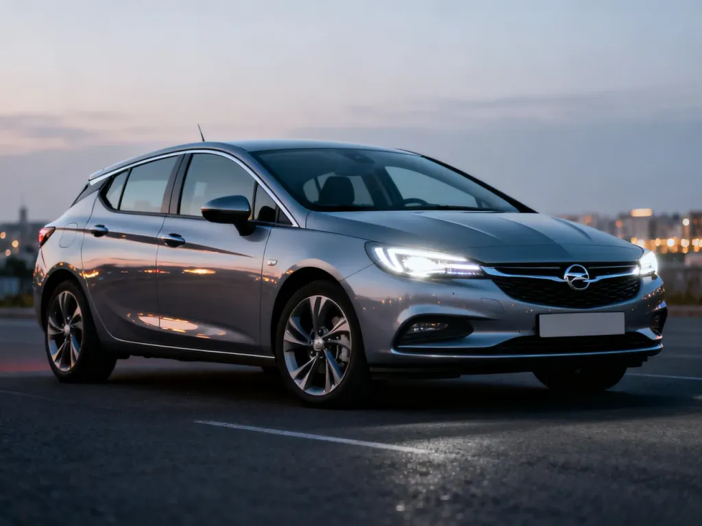 Nowoczesny Opel Astra L w profilu, z włączonymi światłami LED, zaparkowany na tle wieczornego miasta.