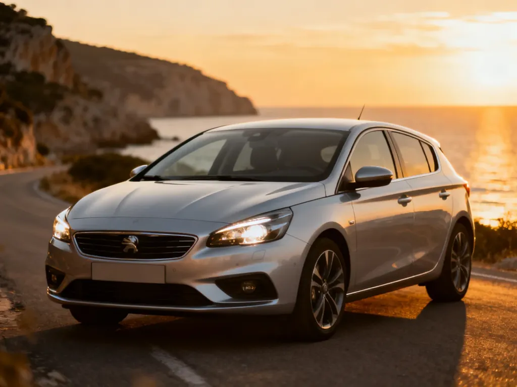 Srebrny Seat Ibiza zaparkowany na malowniczej nadmorskiej drodze podczas zachodu słońca.