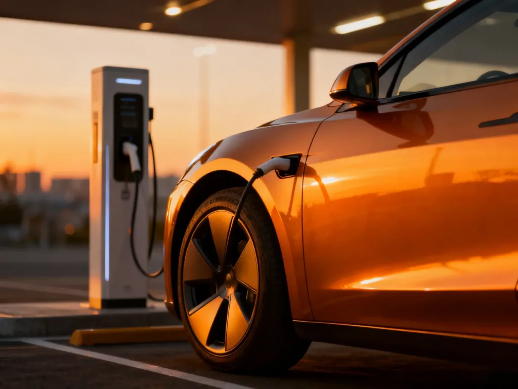 Tesla Model 3 ładująca się na stacji szybkiego ładowania w blasku zachodzącego słońca, podkreślająca nowoczesny design auta.